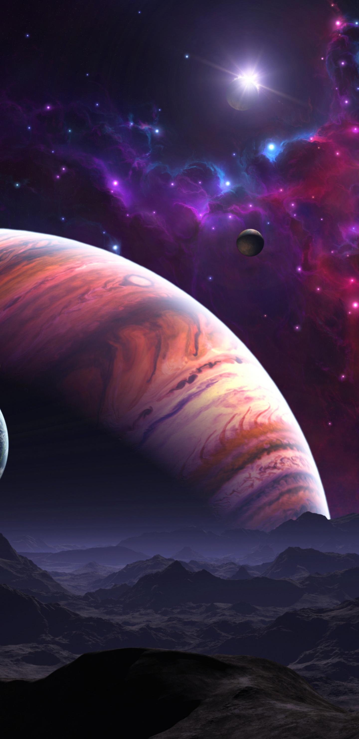 White and Brown Planet With Purple and Black Sky. Wallpaper in 1440x2960 Resolution