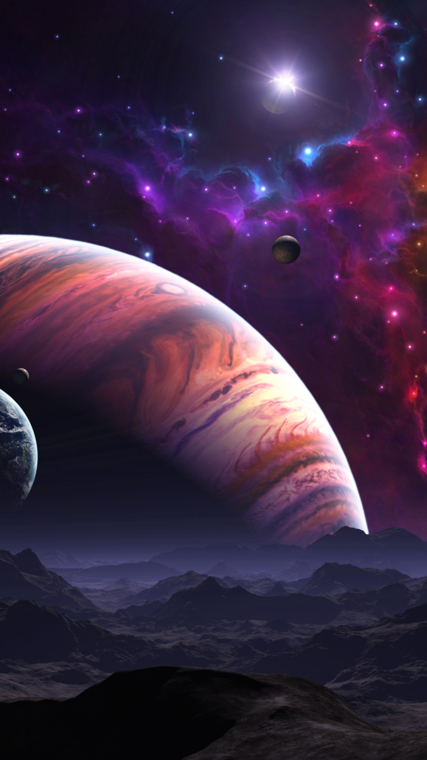 Weißer Und Brauner Planet Mit Lila Und Schwarzem Himmel. Wallpaper in 1440x2560 Resolution