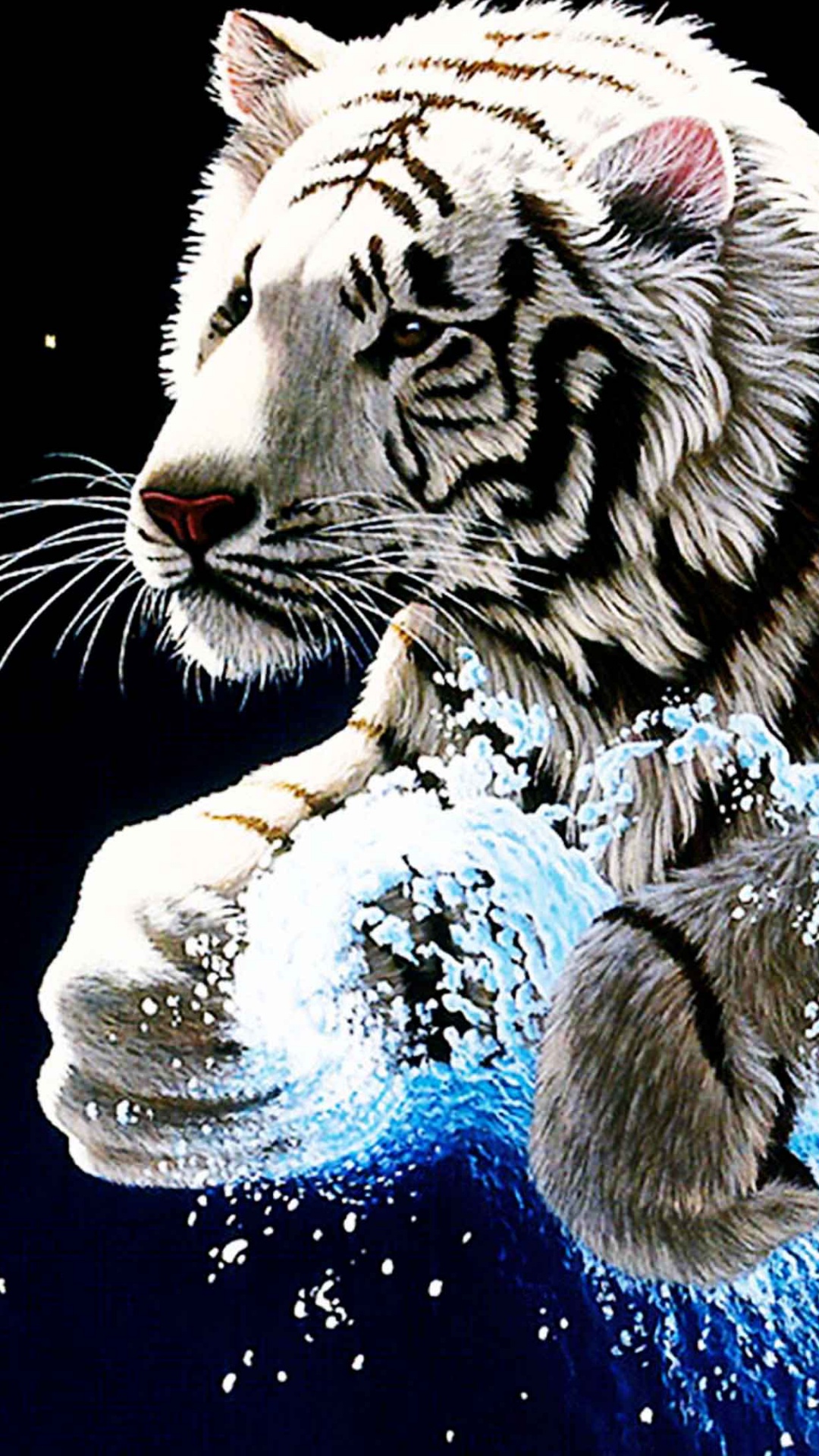 White and Black Tiger in Water. Wallpaper in 1080x1920 Resolution