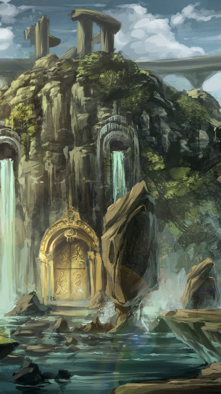 People Walking on Water Fountain Near Building Painting. Wallpaper in 750x1334 Resolution