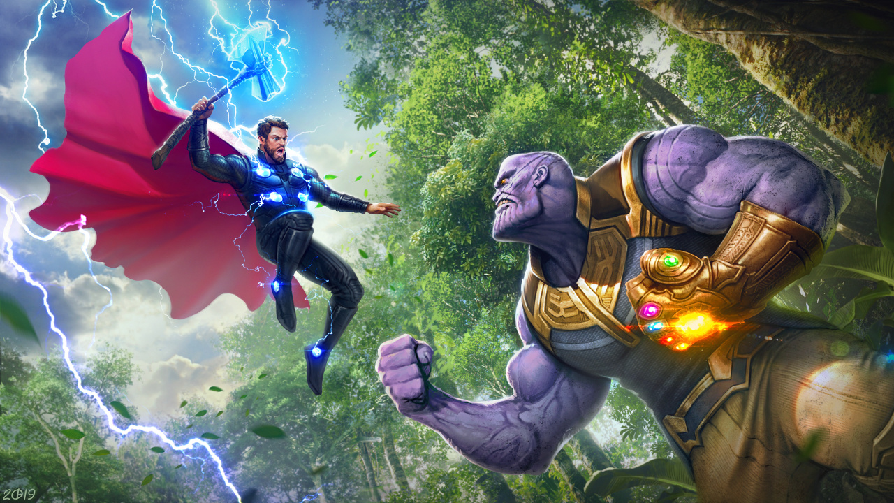Thor vs Thanos, Thanos, Avengers Endgame, Thor, Vision. Wallpaper in 1280x720 Resolution