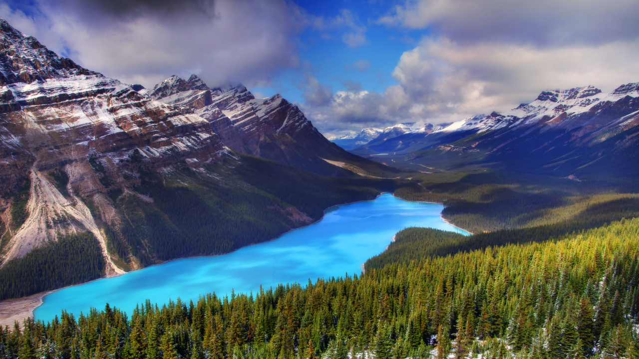 Green Pine Trees Near Lake and Mountains Under Blue Sky During Daytime. Wallpaper in 1280x720 Resolution