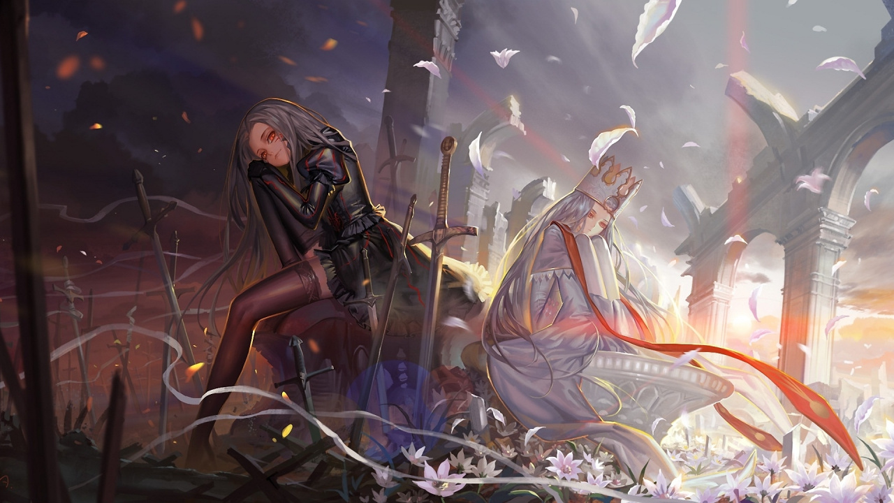 Femme en Robe Blanche et Brune Tenant un Personnage D'anime D'épée. Wallpaper in 1280x720 Resolution