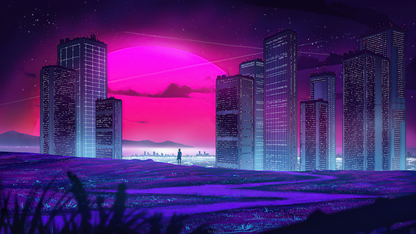 大都会, Synthwave, 数码艺术, 艺术, 绘画 壁纸 1366x768 允许