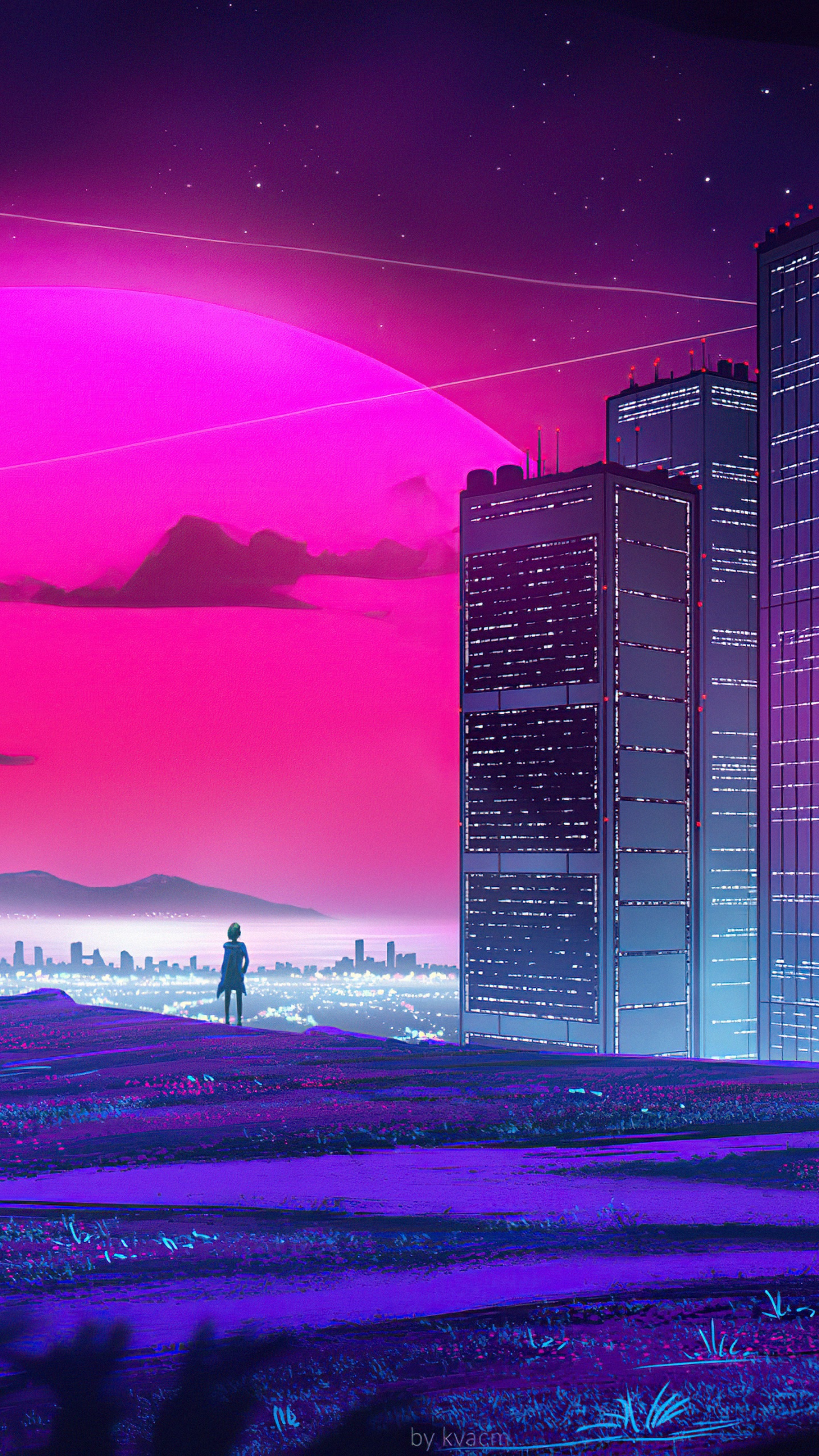 Metropole, Synthwave, Digitale Kunst, Kunst, Zeichnung. Wallpaper in 1440x2560 Resolution