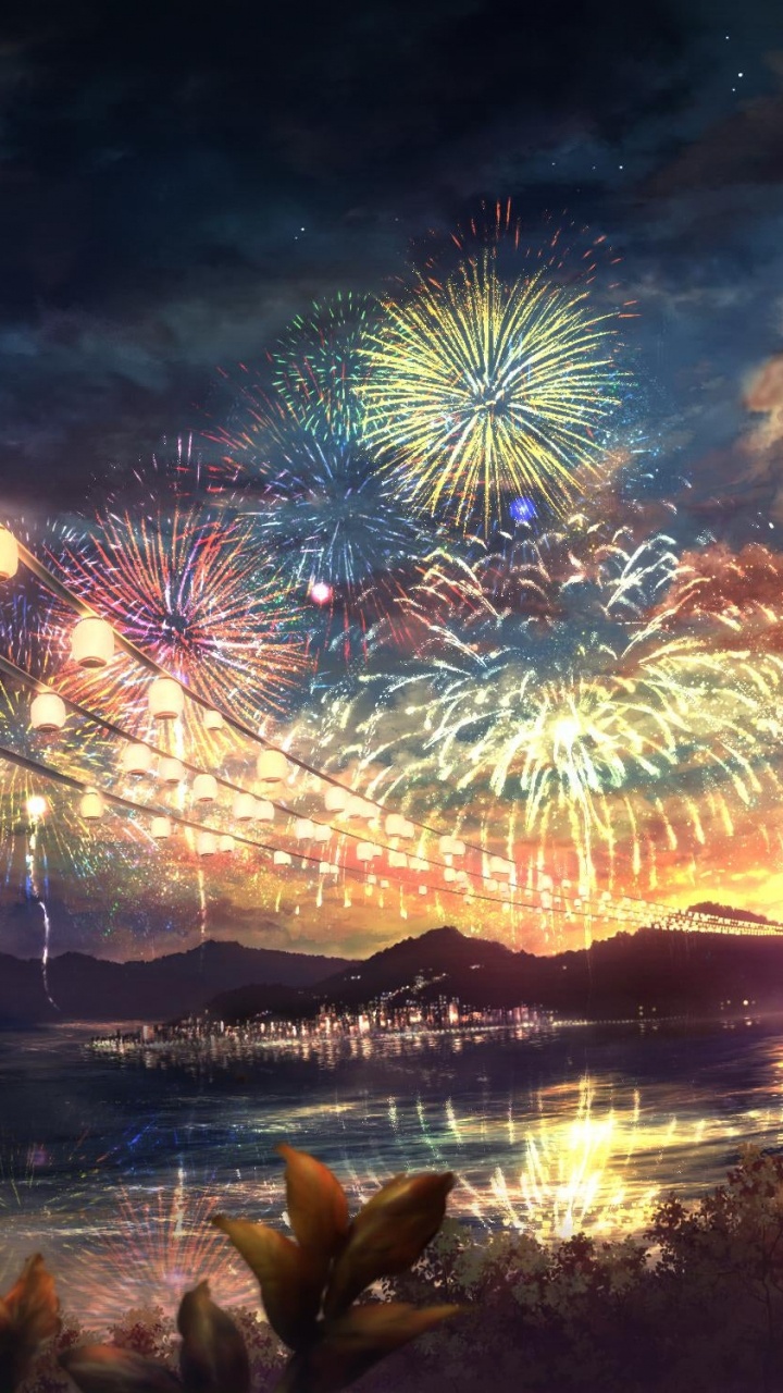 Anime, Theatrical Scenery, Water, Fireworks, Cloud. Wallpaper in 720x1280 Resolution