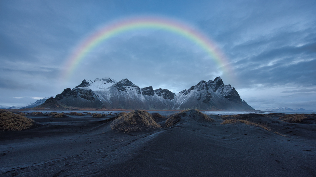 Mountain, Rainbow, Cloud, Water, Ecoregion. Wallpaper in 1280x720 Resolution