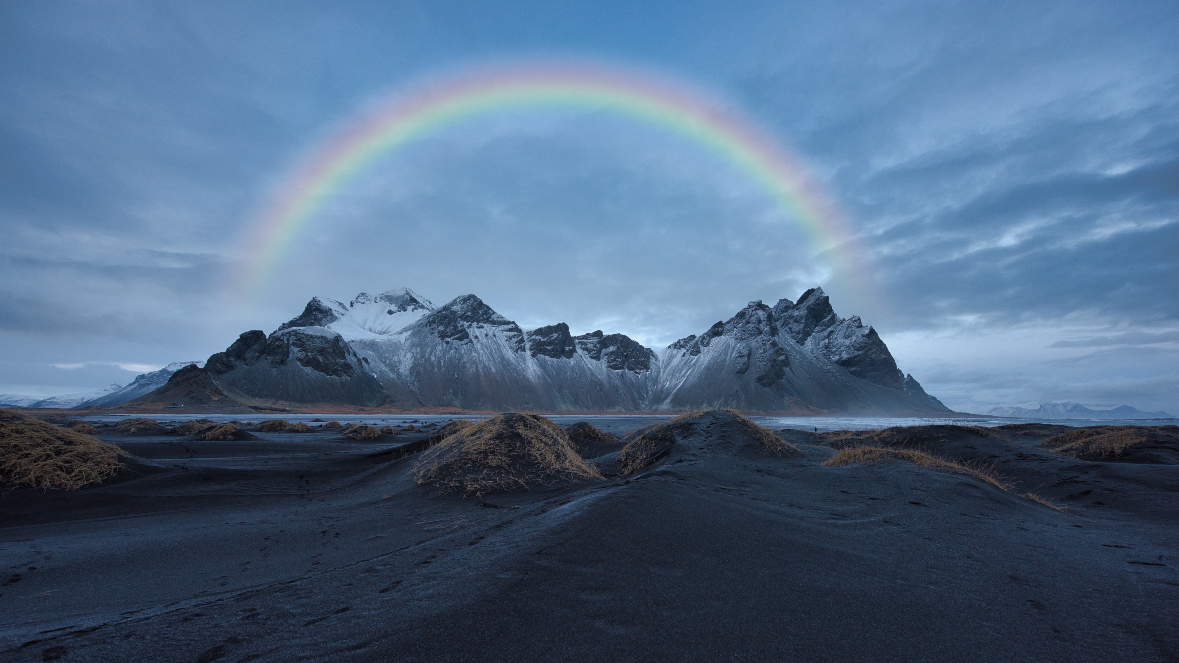 Mountain, Rainbow, Cloud, Water, Ecoregion. Wallpaper in 3840x2160 Resolution