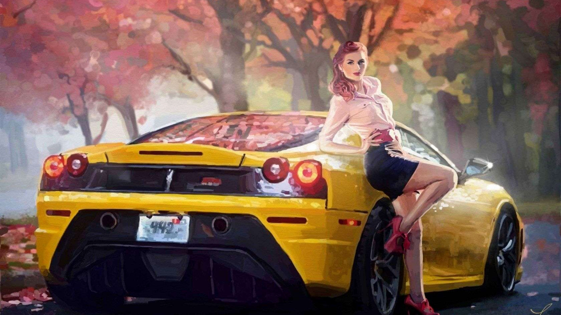 Woman in White Long Sleeve Shirt and Black Skirt Standing Beside Yellow Car. Wallpaper in 1920x1080 Resolution