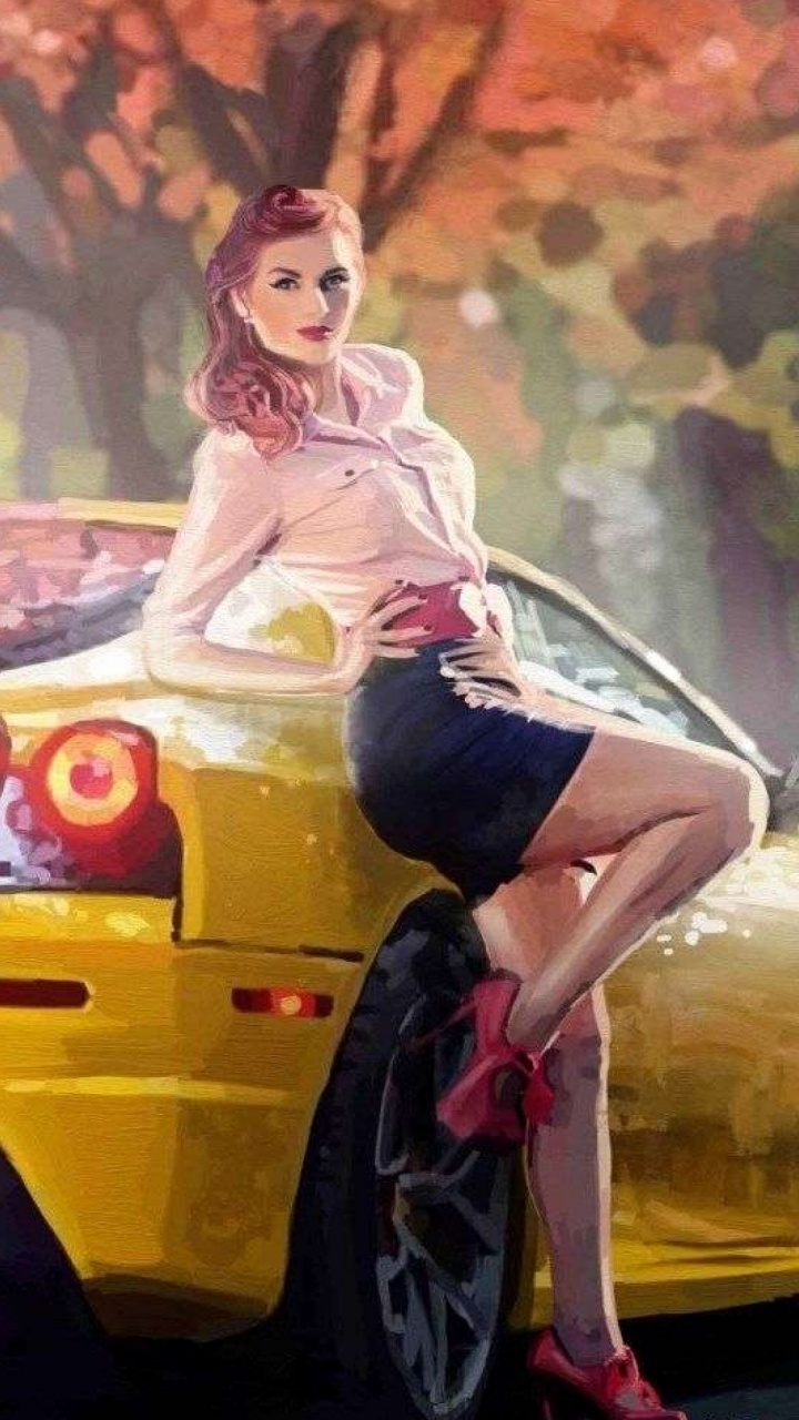 Woman in White Long Sleeve Shirt and Black Skirt Standing Beside Yellow Car. Wallpaper in 720x1280 Resolution