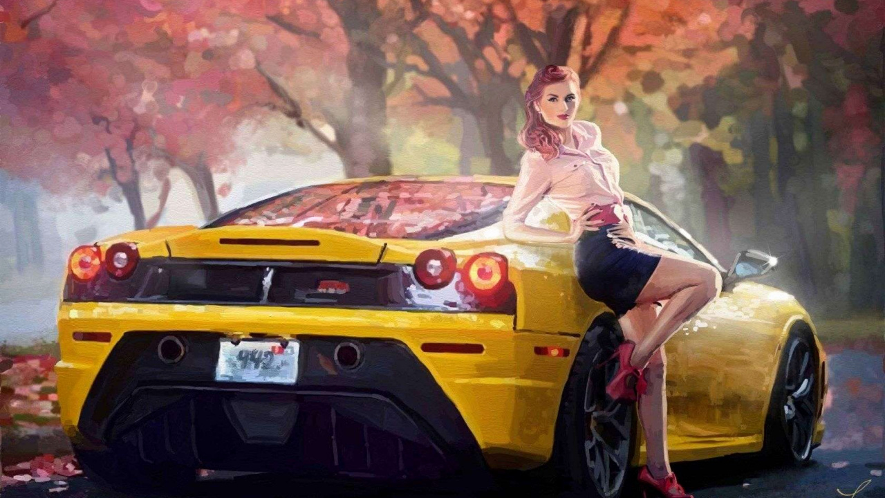 Femme en Chemise Blanche à Manches Longues et Jupe Noire Debout à Côté D'une Voiture Jaune. Wallpaper in 1280x720 Resolution