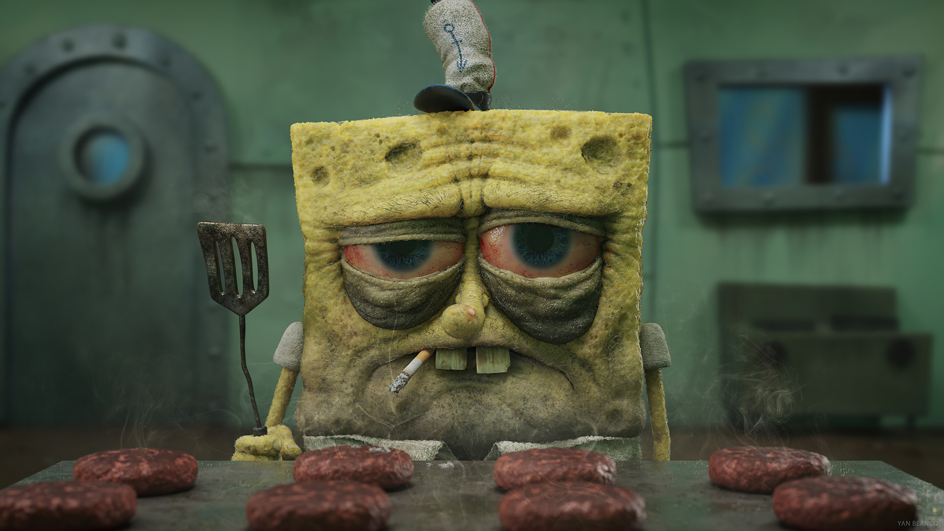 Sponge Bob, Tired Spongebob, Squidward, SpongeBob SquarePants, Spongebob Krusty Cook-off. Wallpaper in 1920x1080 Resolution