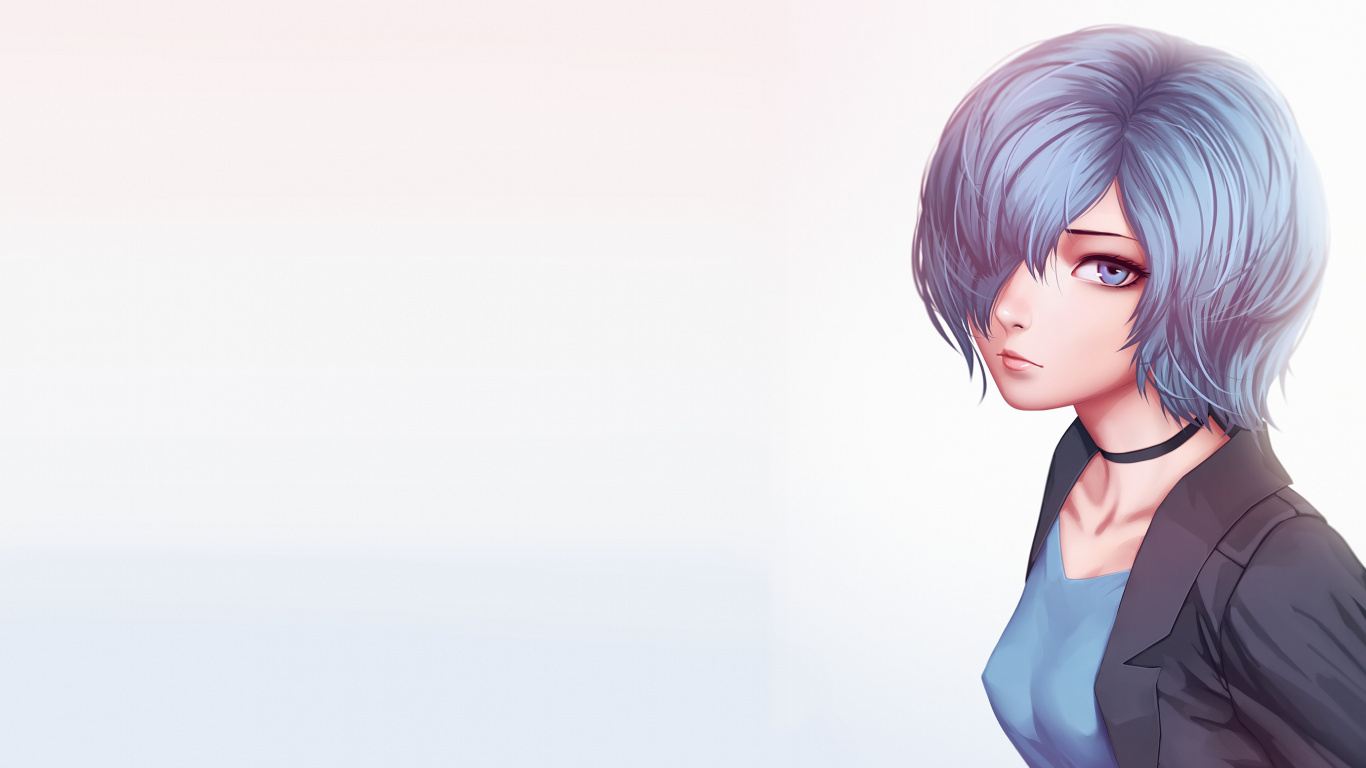 Frau im Blauen Hemd Anime-Charakter. Wallpaper in 1366x768 Resolution