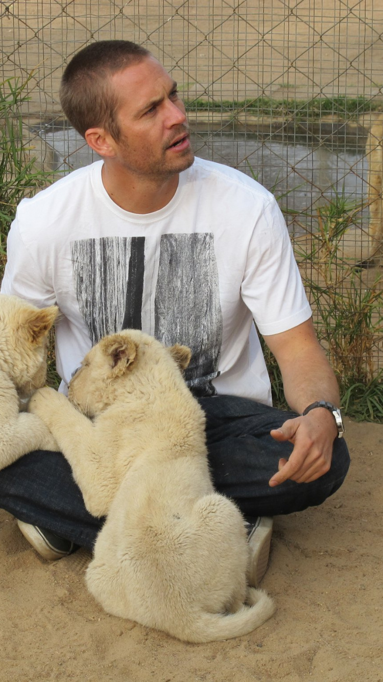 Man in White Crew Neck T-shirt Sitting Beside White Dog. Wallpaper in 750x1334 Resolution