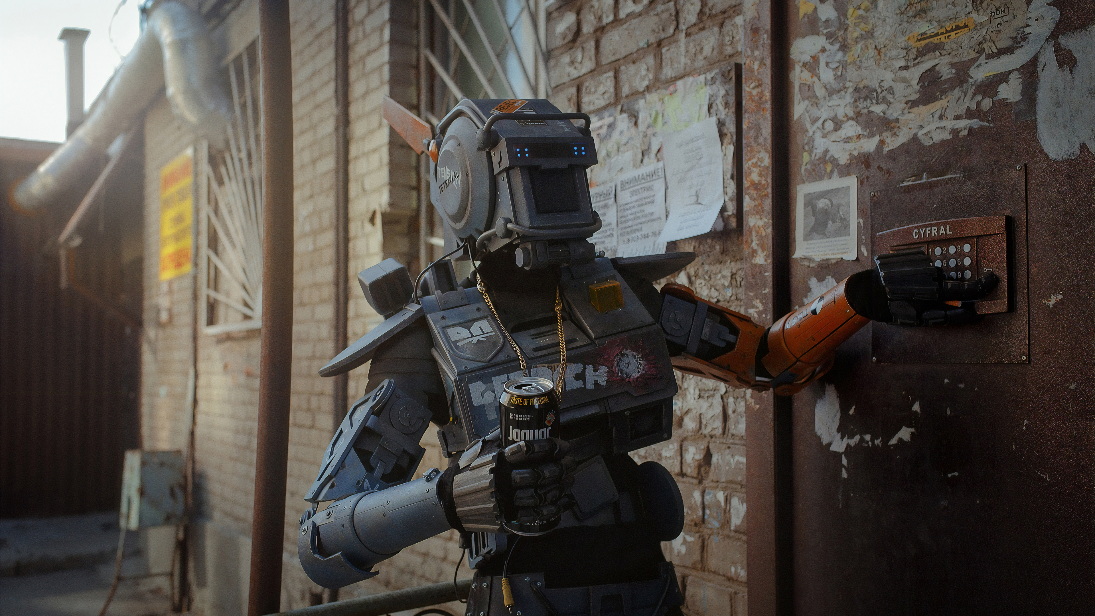 Gray Robot Holding Black and Orange Gun. Wallpaper in 3840x2160 Resolution