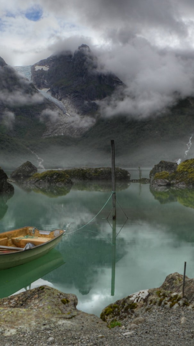Cloud, Water, Boat, Water Resources, Mountain. Wallpaper in 750x1334 Resolution