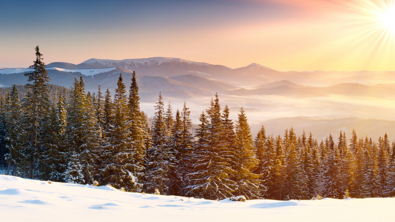 冬天, 多山的地貌, 荒野, 早上, 冻结 壁纸 1366x768 允许