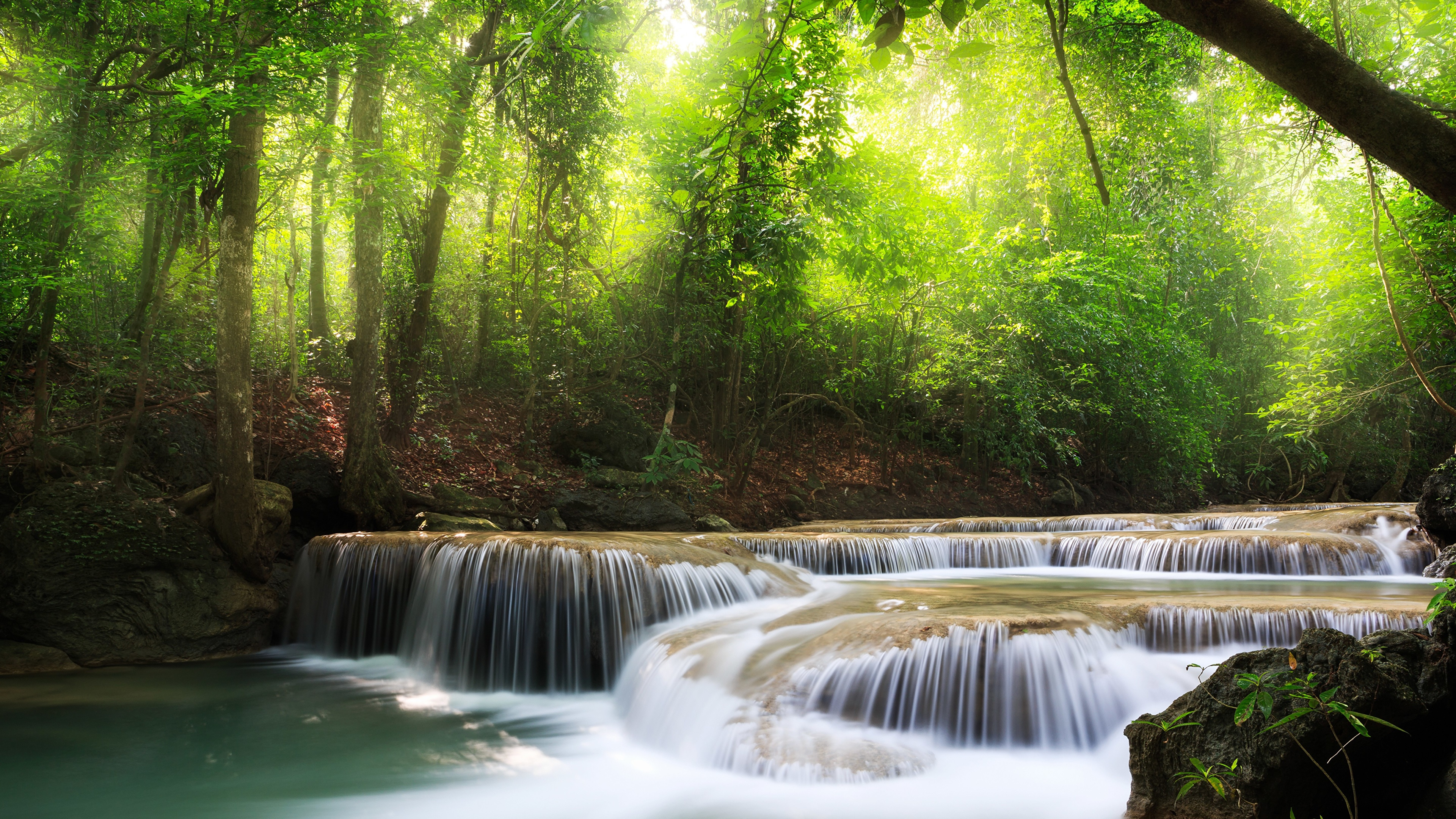 L'eau Tombe au Milieu Des Arbres Verts. Wallpaper in 3840x2160 Resolution