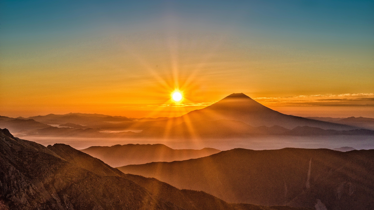 Mount Fuji, Mountain, Mountainous Landforms, Sunrise, Nature. Wallpaper in 1280x720 Resolution