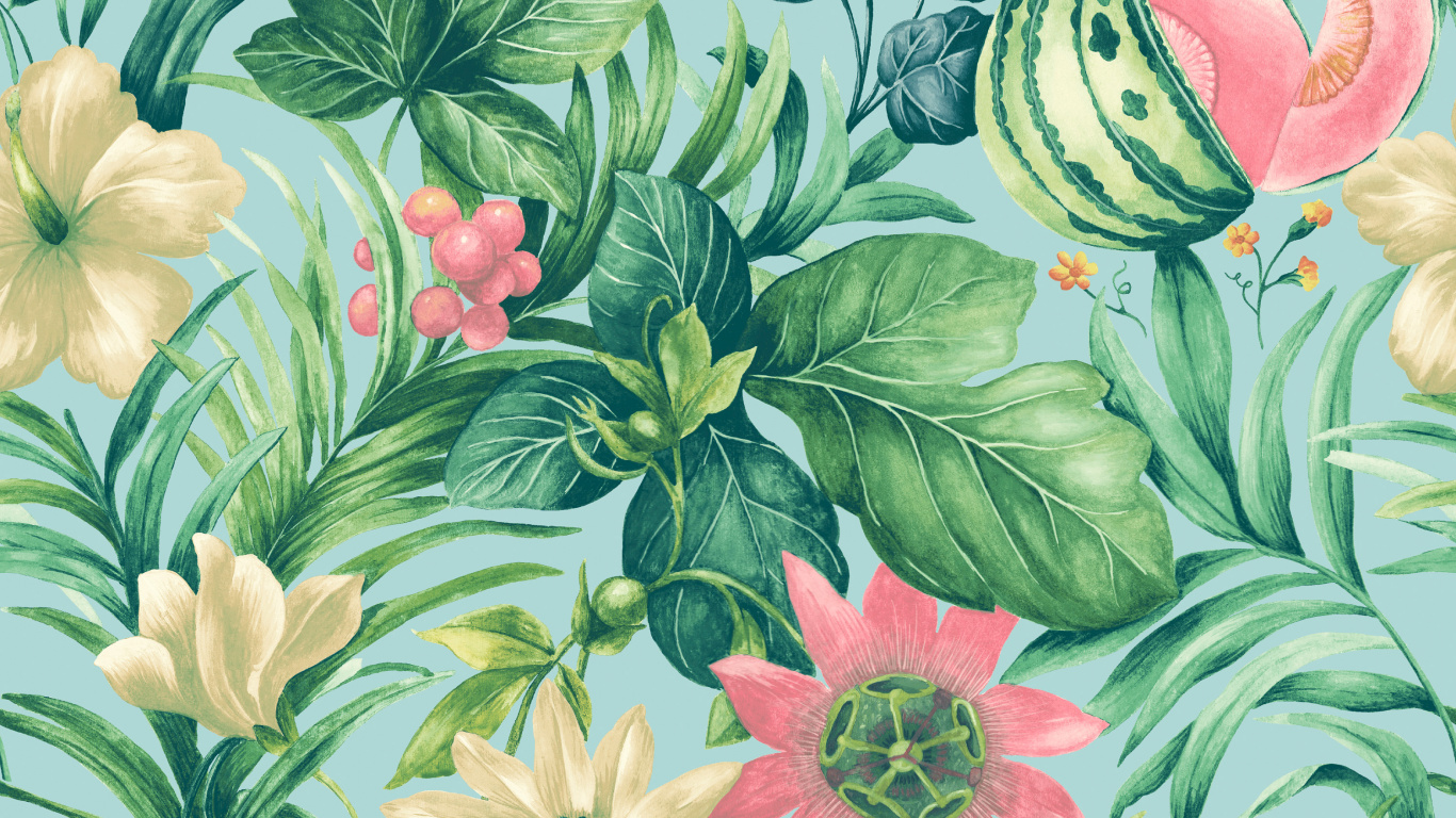 Grün-rosa-weißes Florales Textil. Wallpaper in 1366x768 Resolution