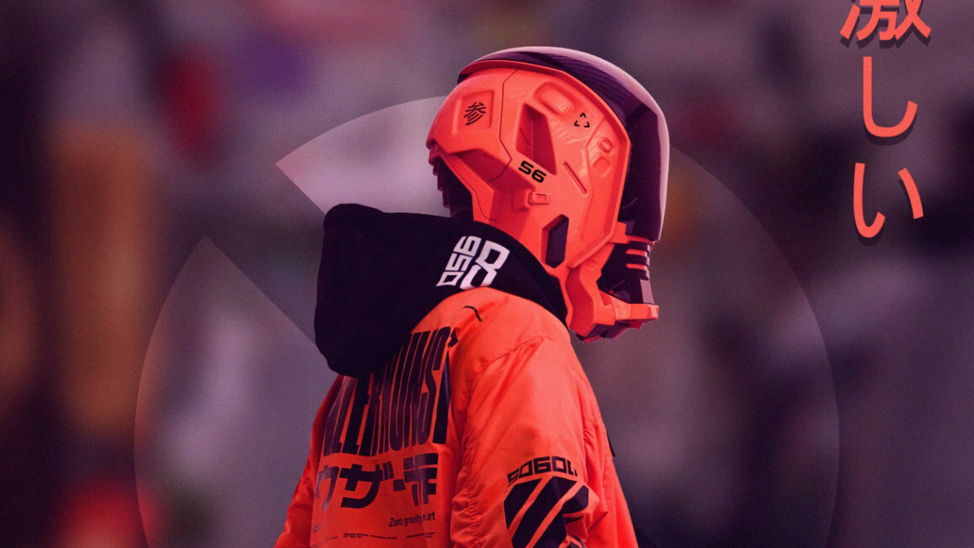 Man in Orange and Black Jacket Wearing Orange Helmet. Wallpaper in 1366x768 Resolution