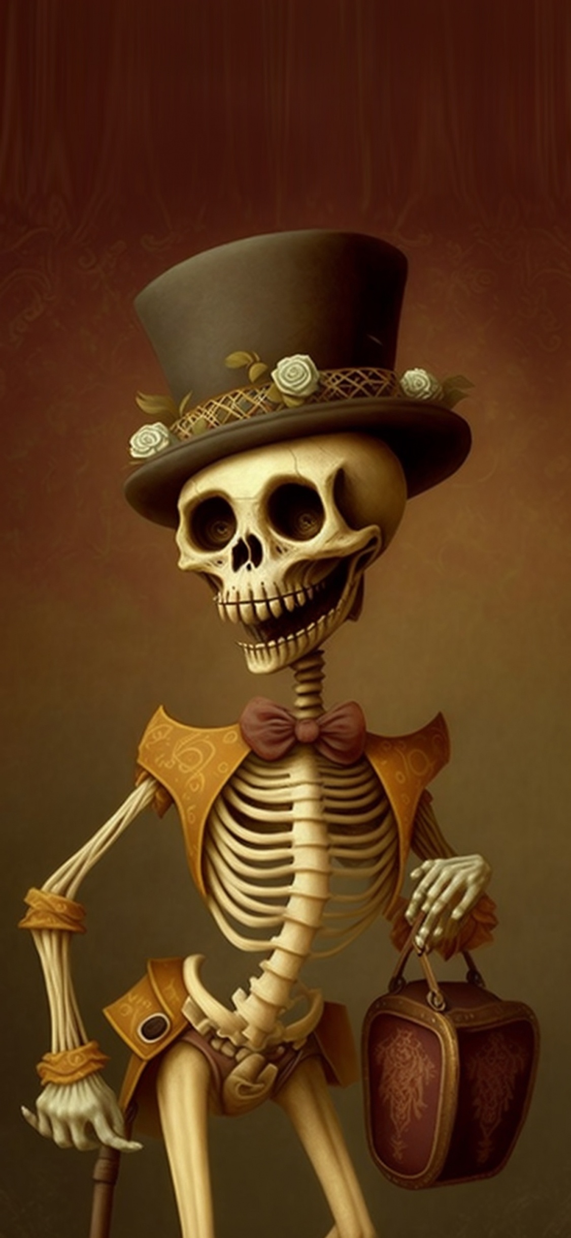 骨架, 骨, 头骨, Fedora, 太阳帽子 壁纸 1125x2436 允许