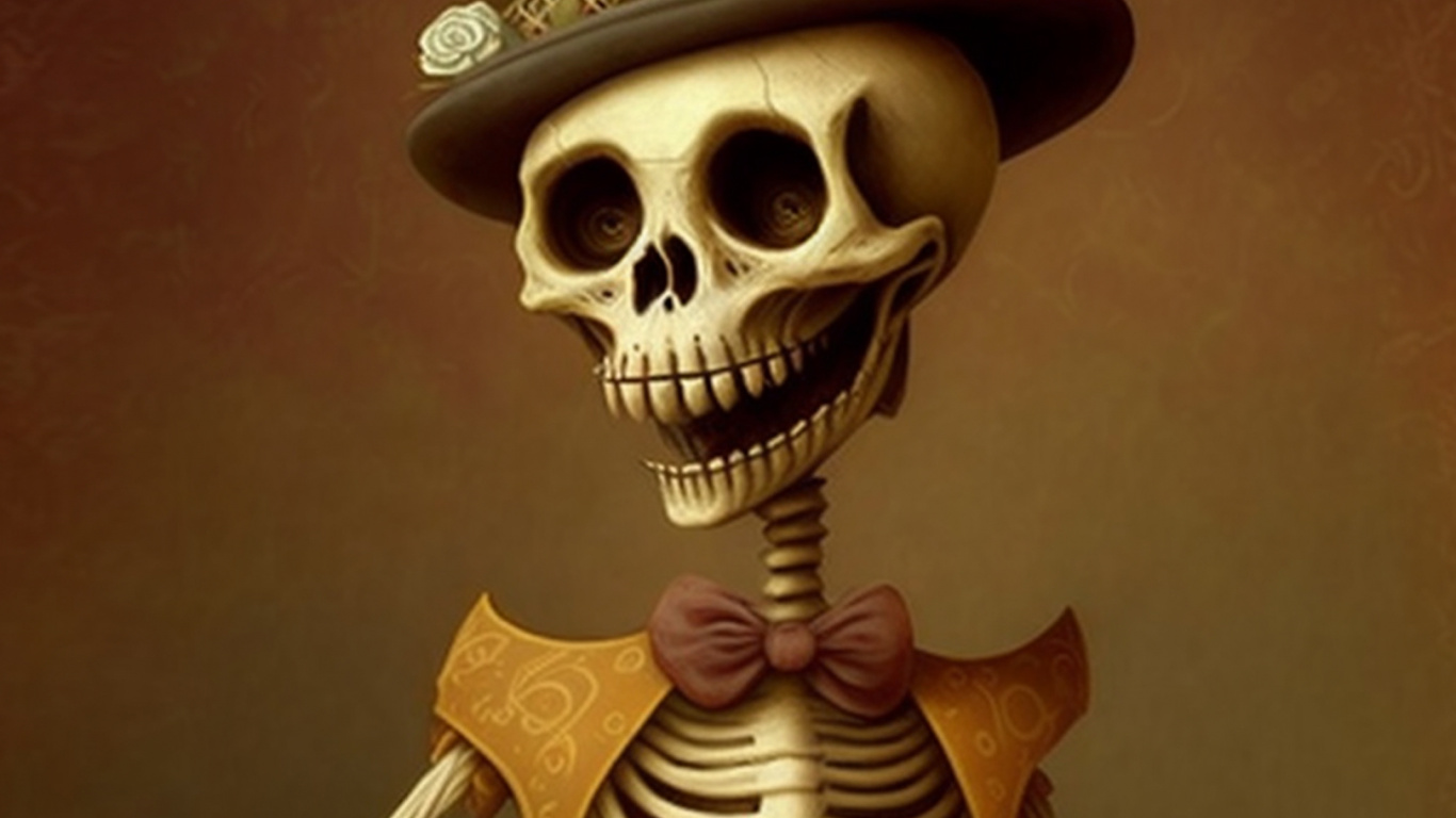 Skelett, Illustration, Knochen, Schädel, Fedora. Wallpaper in 1366x768 Resolution