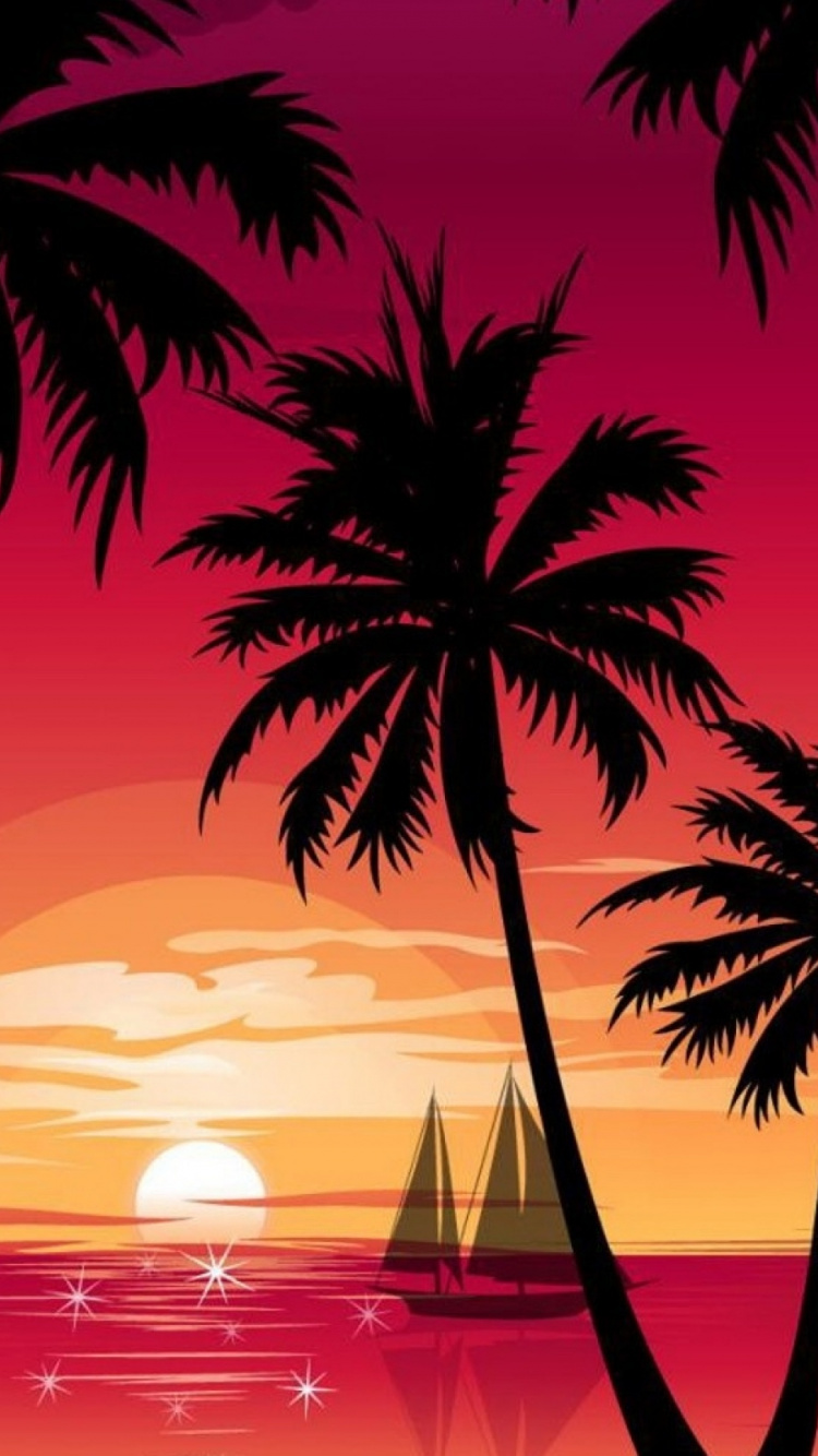 Palmera Durante la Puesta de Sol Con Puesta de Sol. Wallpaper in 750x1334 Resolution