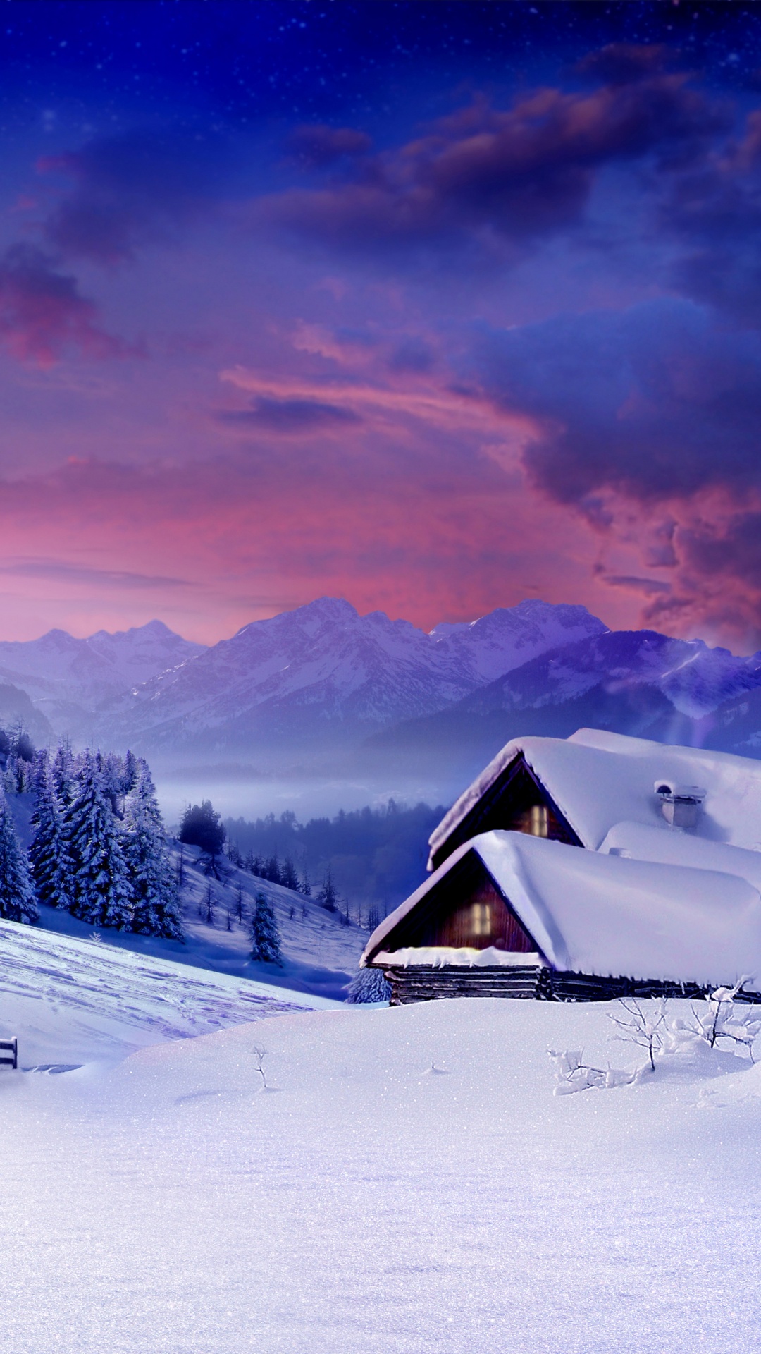 Brown Wooden House on Snow Covered Ground Near Trees and Mountains During Daytime. Wallpaper in 1080x1920 Resolution