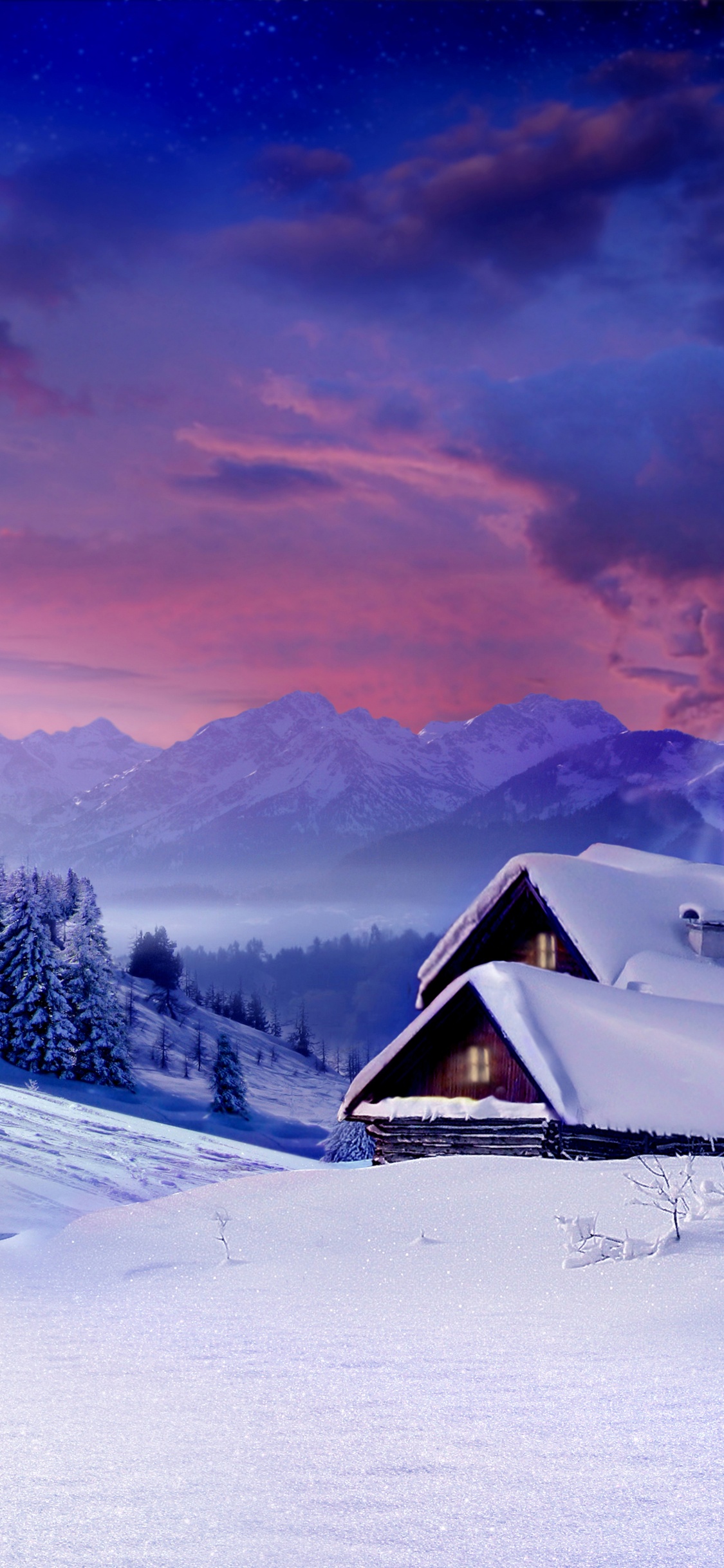 Brown Wooden House on Snow Covered Ground Near Trees and Mountains During Daytime. Wallpaper in 1125x2436 Resolution
