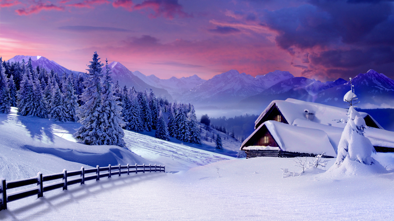 Brown Wooden House on Snow Covered Ground Near Trees and Mountains During Daytime. Wallpaper in 1280x720 Resolution