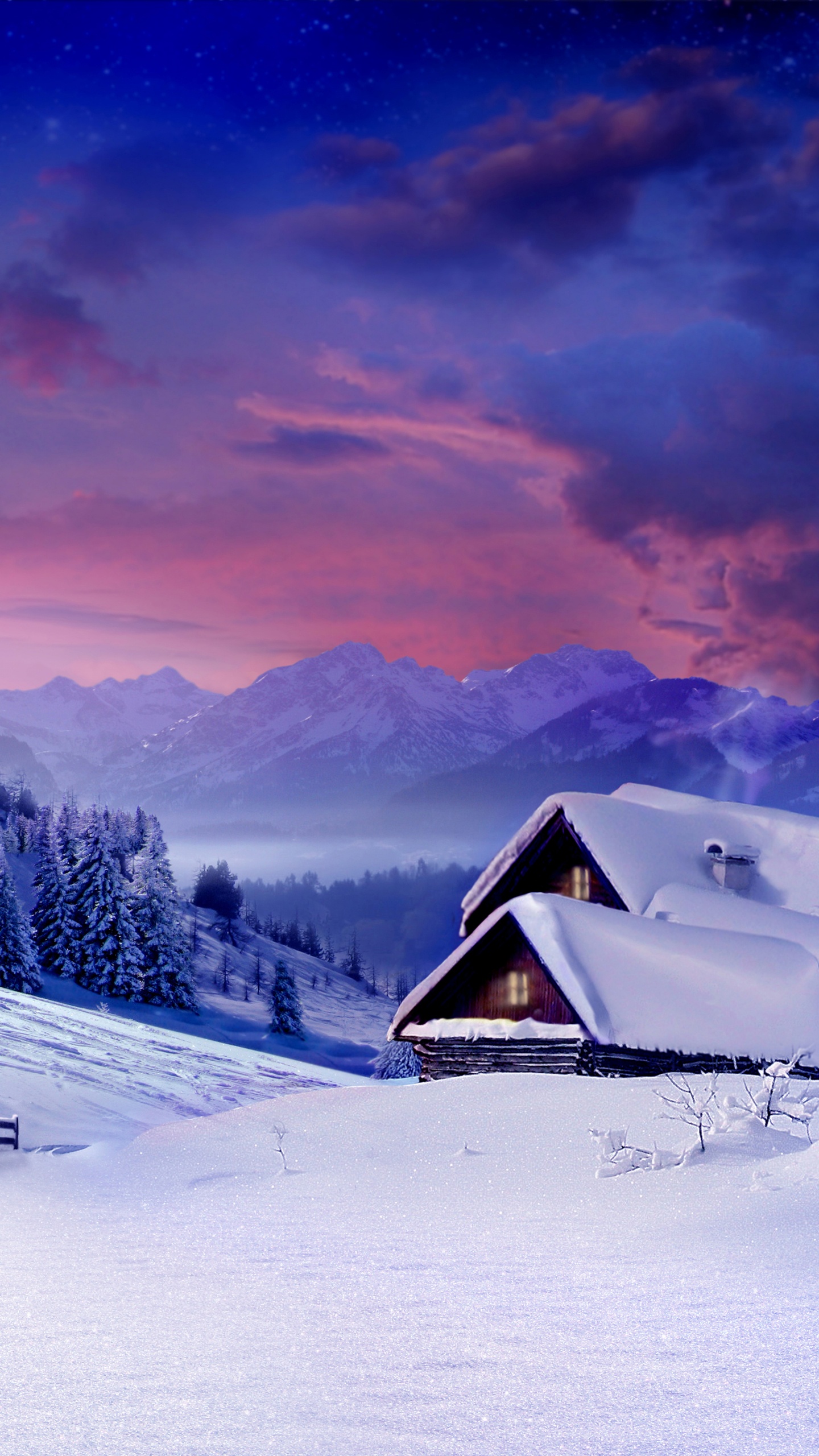 Brown Wooden House on Snow Covered Ground Near Trees and Mountains During Daytime. Wallpaper in 1440x2560 Resolution
