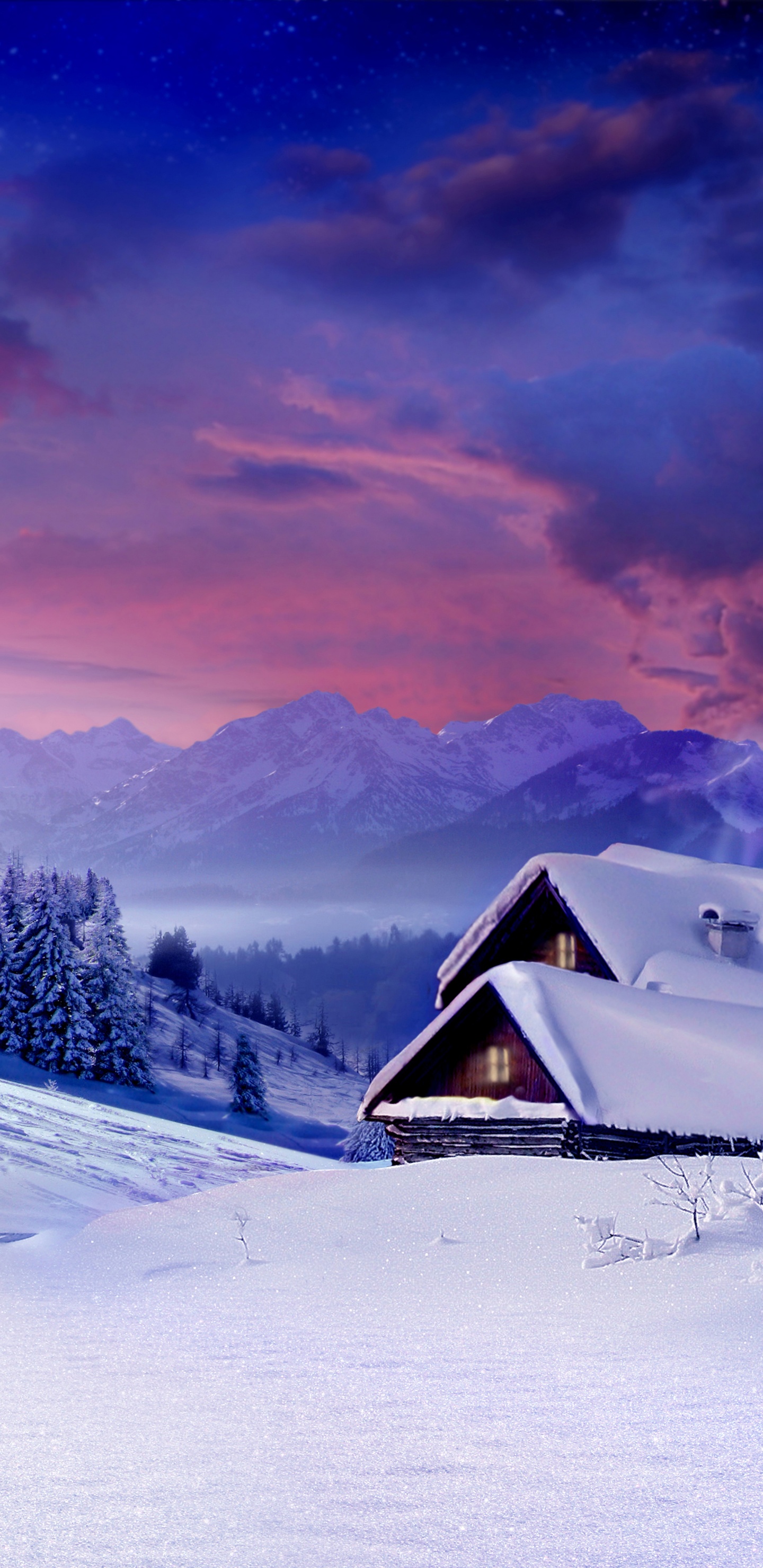 Brown Wooden House on Snow Covered Ground Near Trees and Mountains During Daytime. Wallpaper in 1440x2960 Resolution
