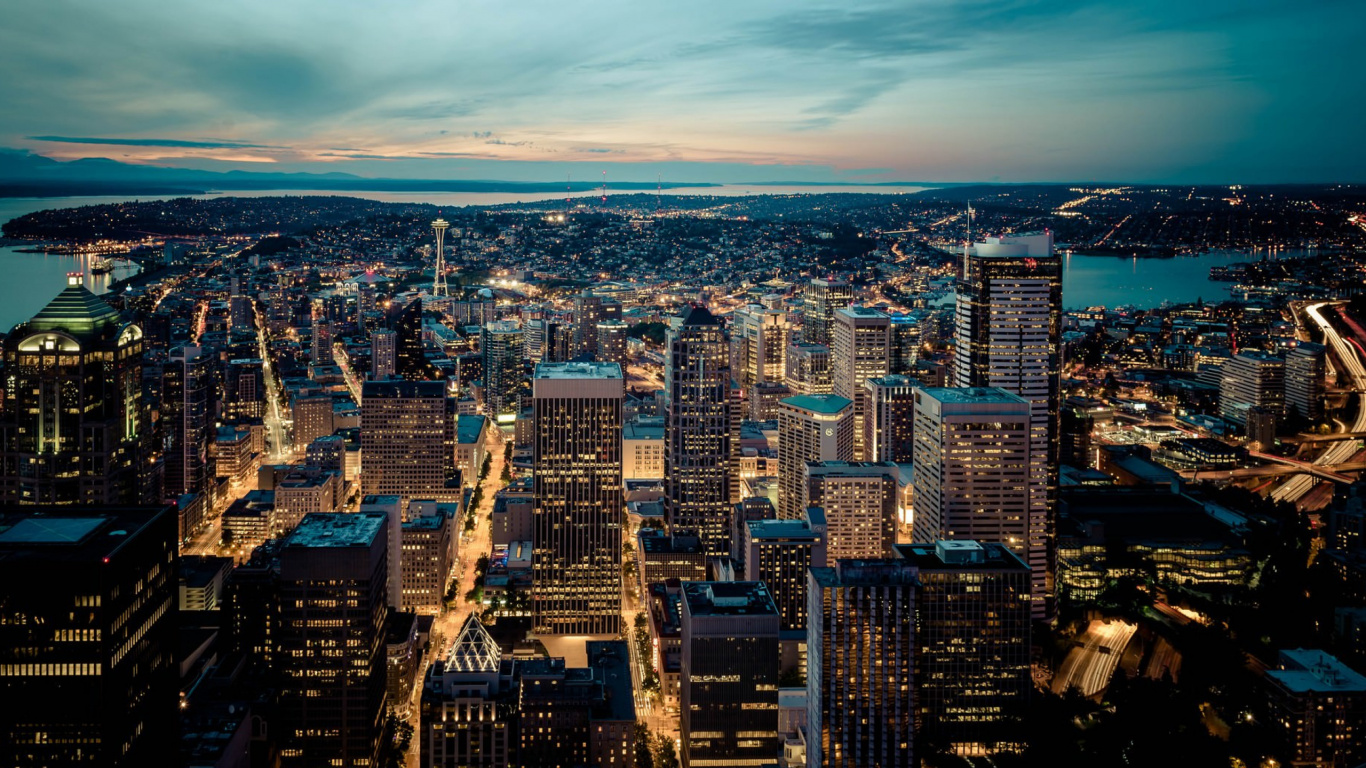 Aerial View of City Buildings During Night Time. Wallpaper in 1366x768 Resolution