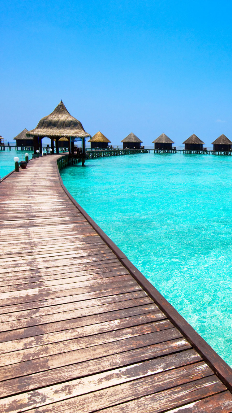 Brown Wooden Dock on Blue Water. Wallpaper in 750x1334 Resolution
