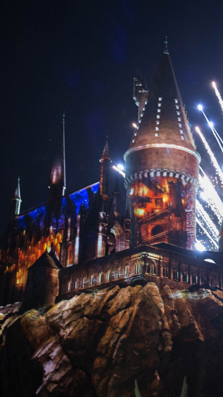 Braunes Und Blaues Schloss Mit Lichtern Während Der Nacht. Wallpaper in 750x1334 Resolution