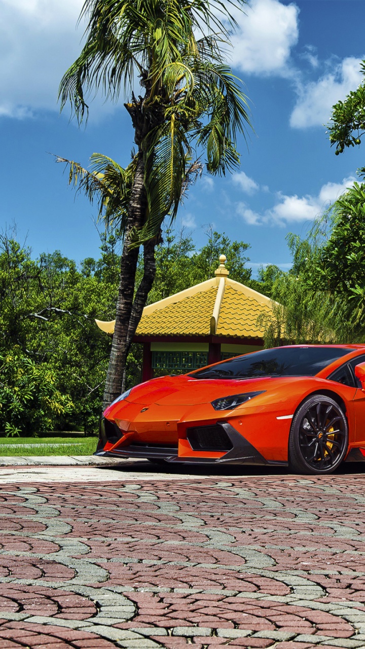 Orange Ferrari 458 Italia Parked on Gray Brick Pavement. Wallpaper in 720x1280 Resolution