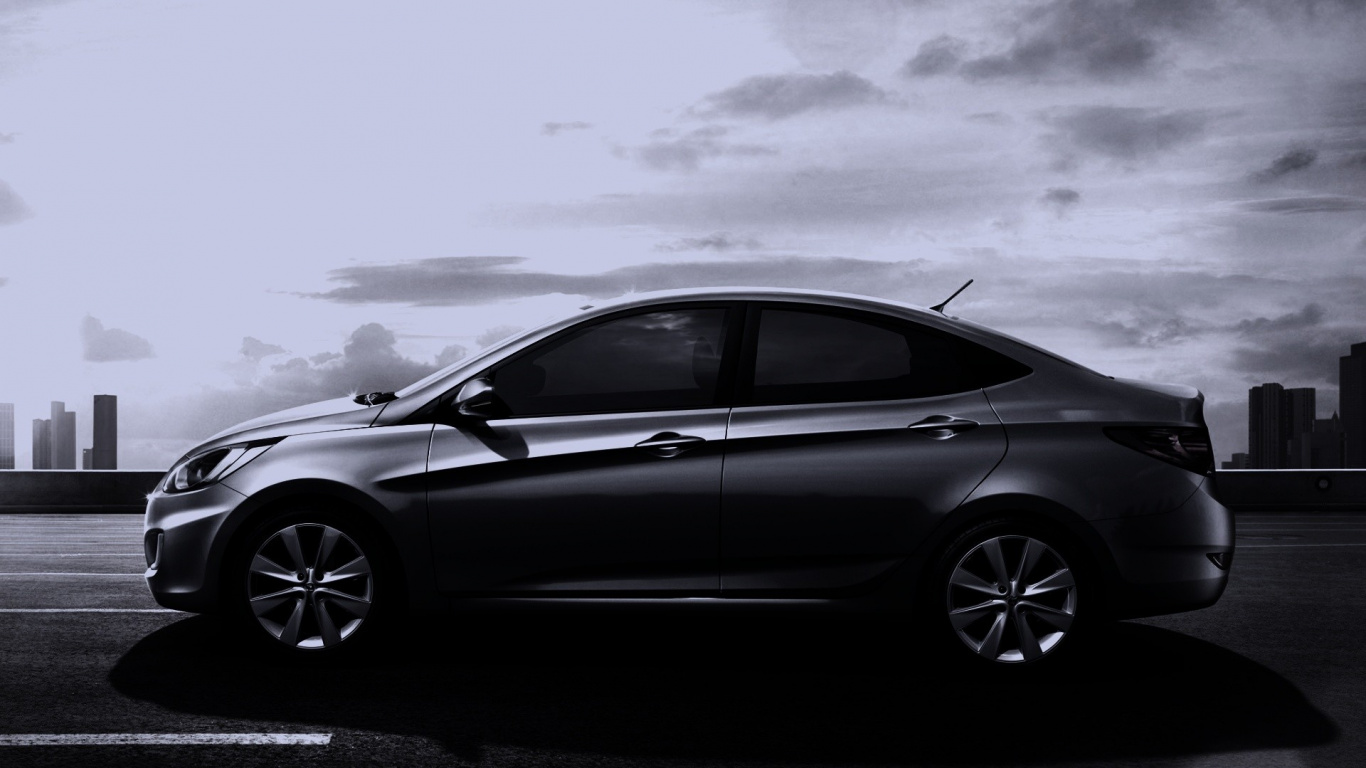 Grayscale Photo of Sedan on Road. Wallpaper in 1366x768 Resolution