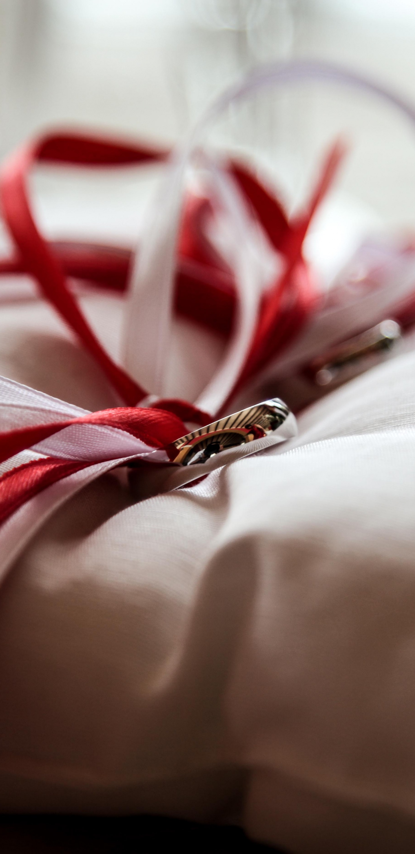 结婚戒指, 红色的, 的婚礼仪式供应, 礼品包装, 丝带 壁纸 1440x2960 允许