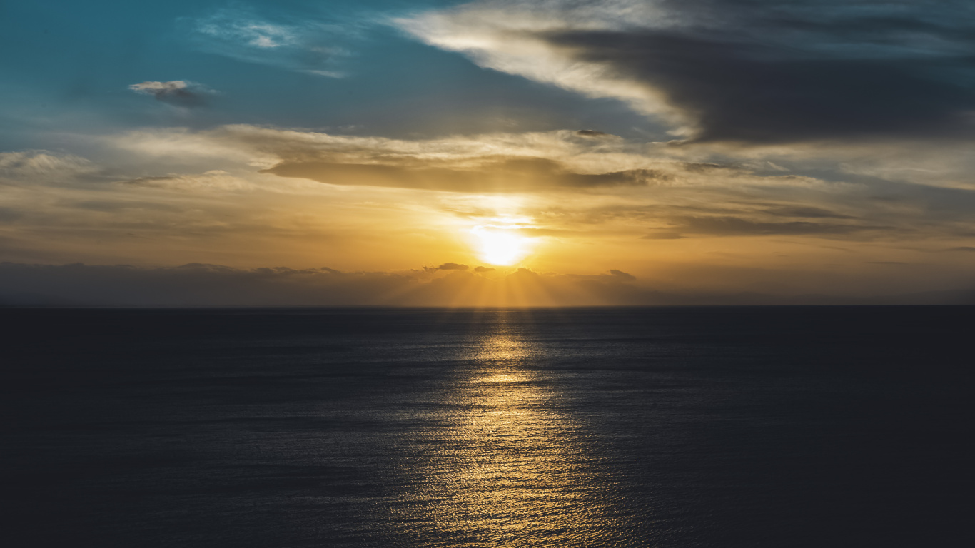 Sea, Sunset, Horizon, Water, Ocean. Wallpaper in 1366x768 Resolution