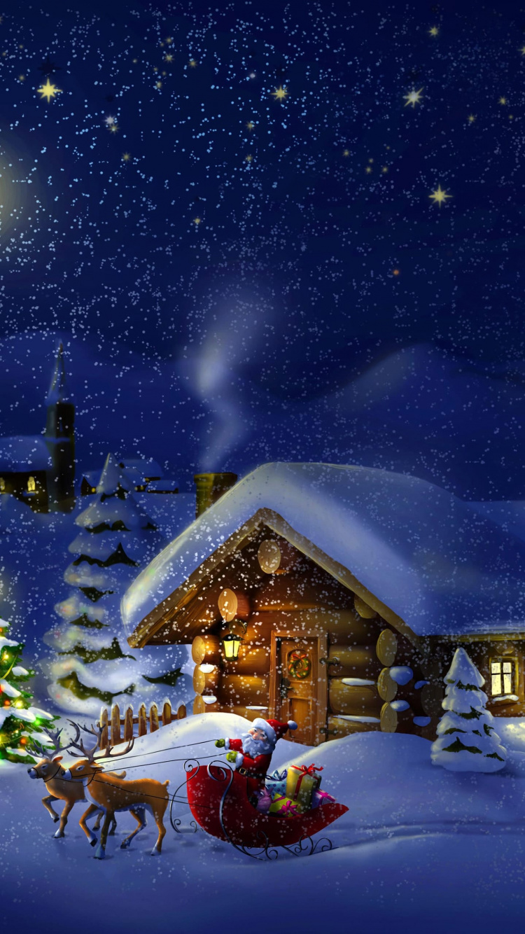 Weihnachten, Winter, Nacht, Schnee, Blau. Wallpaper in 750x1334 Resolution