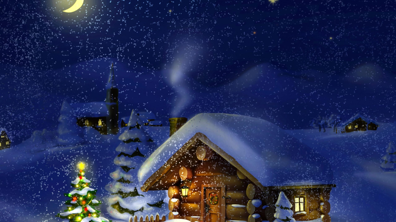 Christmas Day, Winter, Christmas, Night, Snow. Wallpaper in 1366x768 Resolution