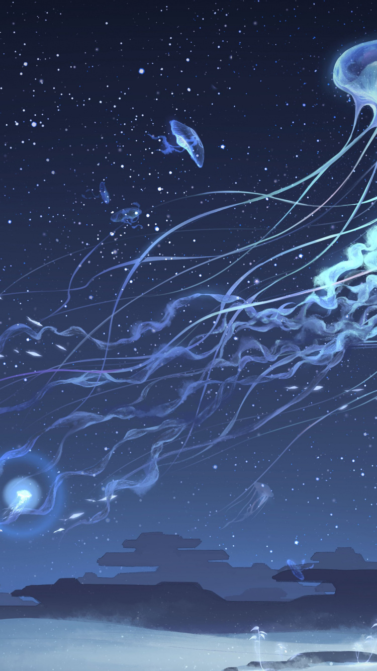 Boy in a Land of Jellyfish, Jellyfish, Water, Blue, Light. Wallpaper in 750x1334 Resolution