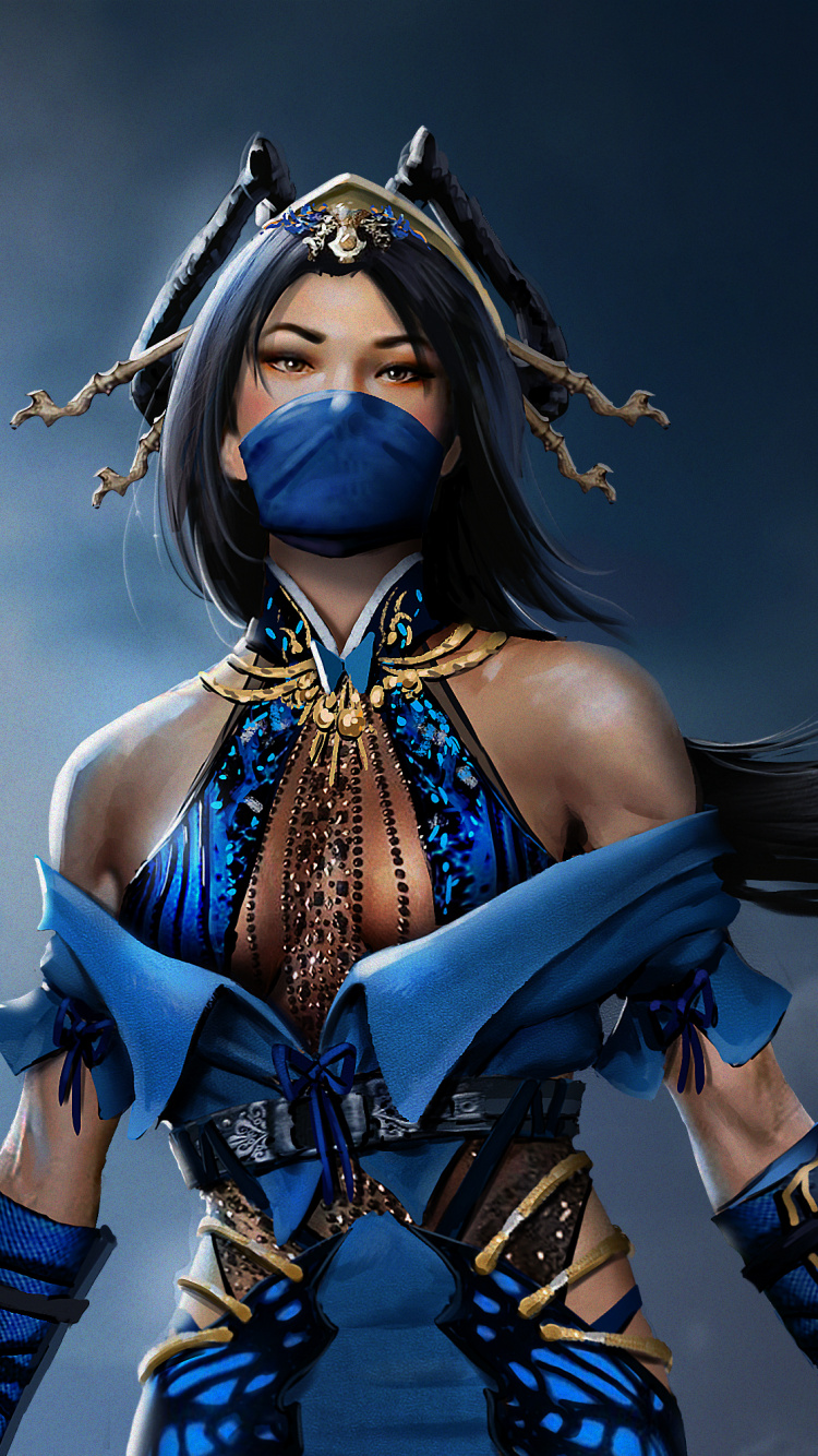 Woman in Blue and Yellow Dress Holding Sword. Wallpaper in 750x1334 Resolution