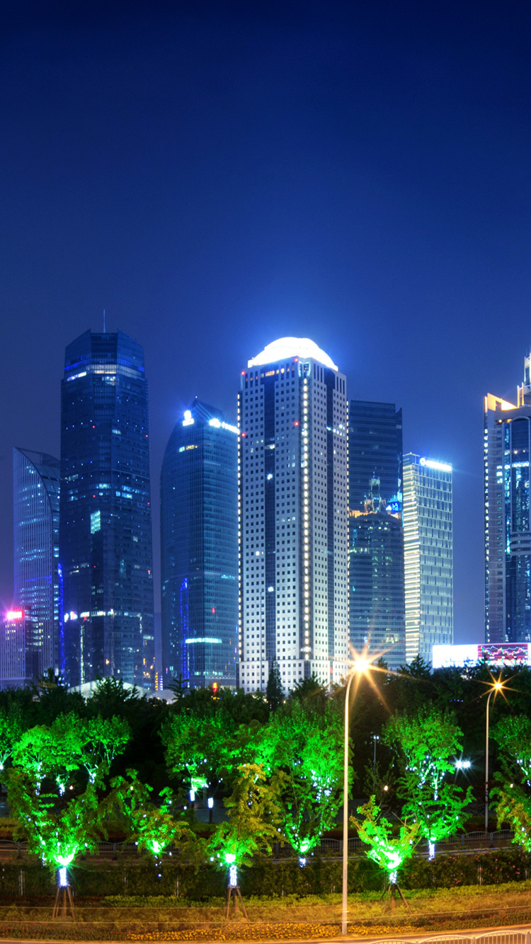 Green Trees Near High Rise Buildings During Night Time. Wallpaper in 750x1334 Resolution