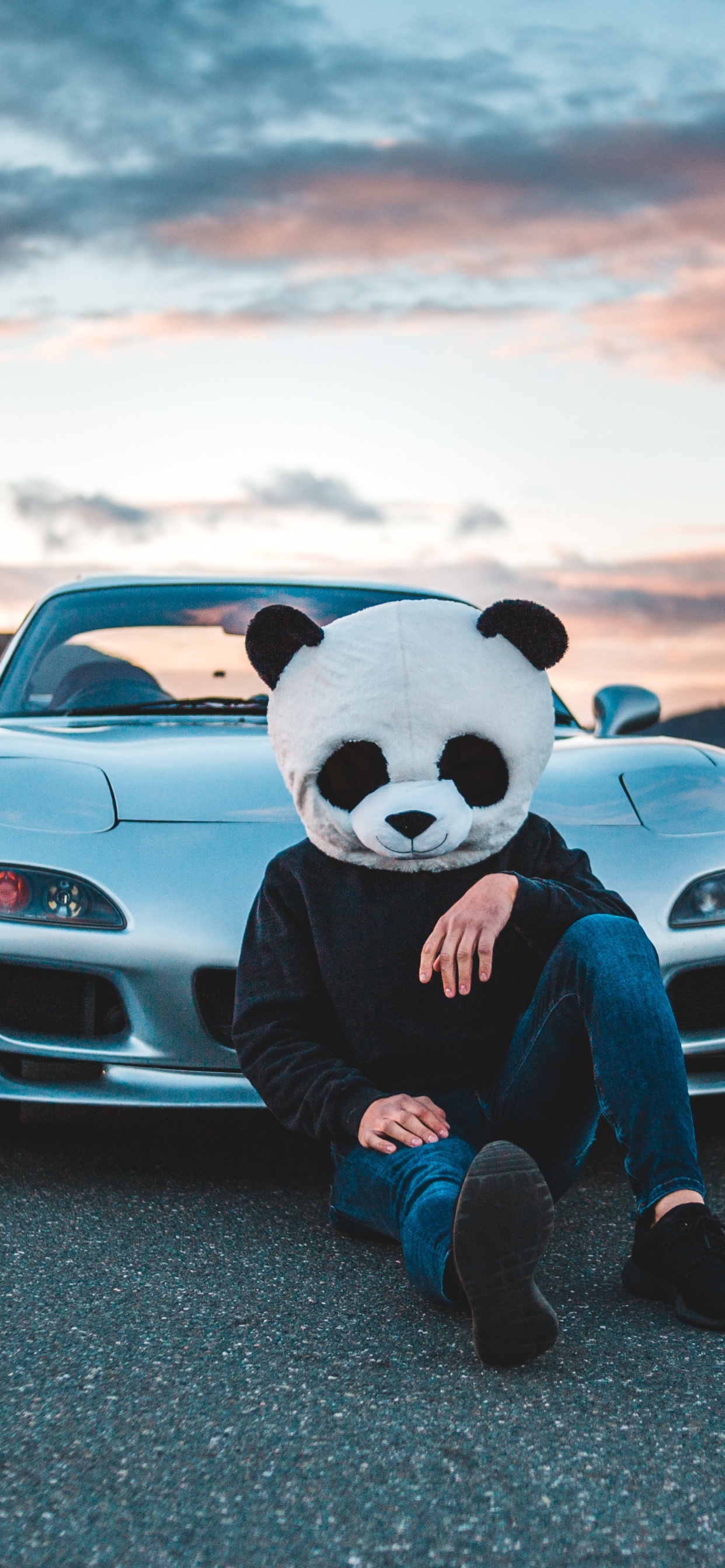 Mickey Mouse Plush Toy Sitting on Car Hood During Sunset. Wallpaper in 1242x2688 Resolution