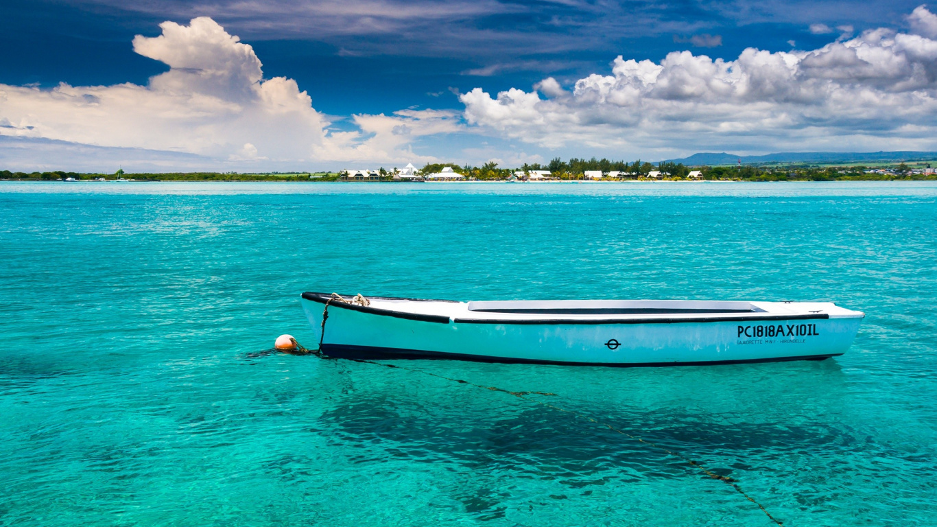 Tagsüber Weißes Und Blaues Boot Auf See. Wallpaper in 1366x768 Resolution