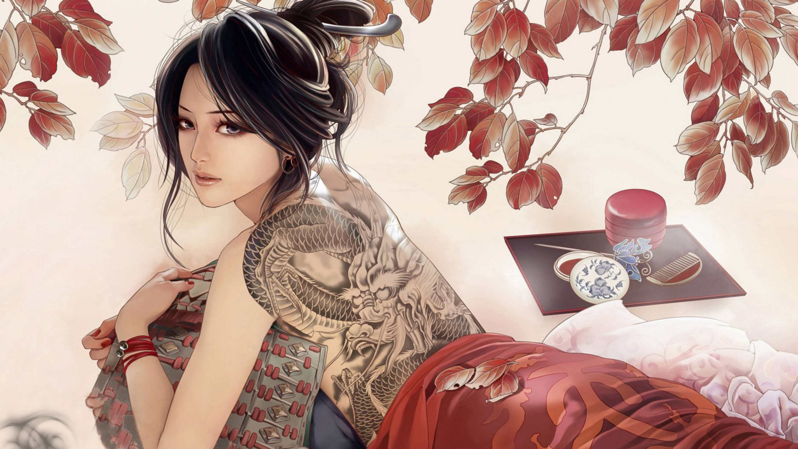 Woman in Red Dress Lying on Bed. Wallpaper in 2560x1440 Resolution