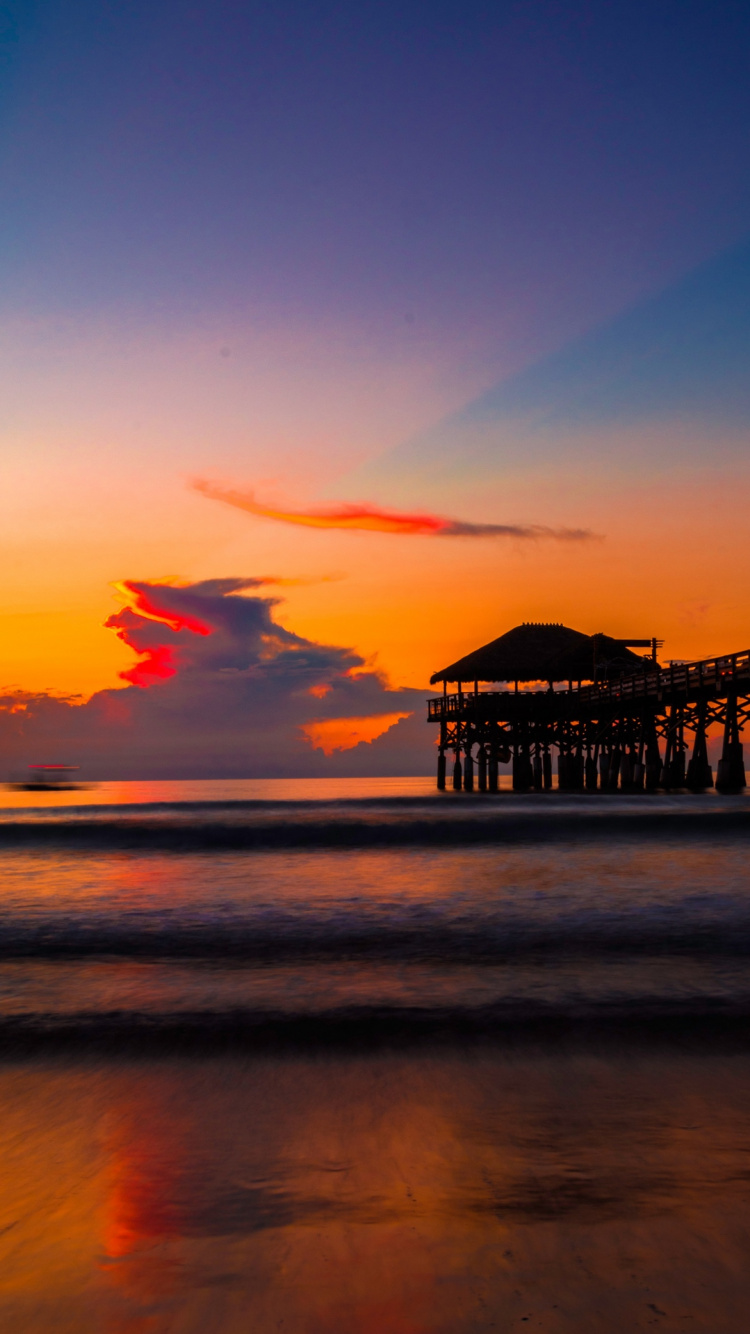日落, 大海, 余辉, 琥珀色, 流体 壁纸 750x1334 允许