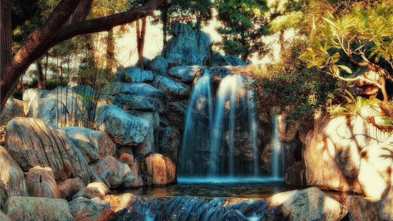 Waterfalls in The Middle of The Forest During Daytime. Wallpaper in 1366x768 Resolution